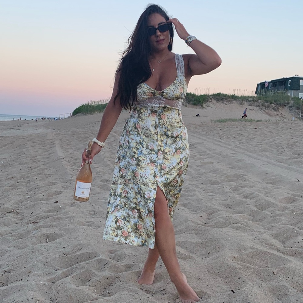 Danielle Bernstein floral print, lace inlet dress